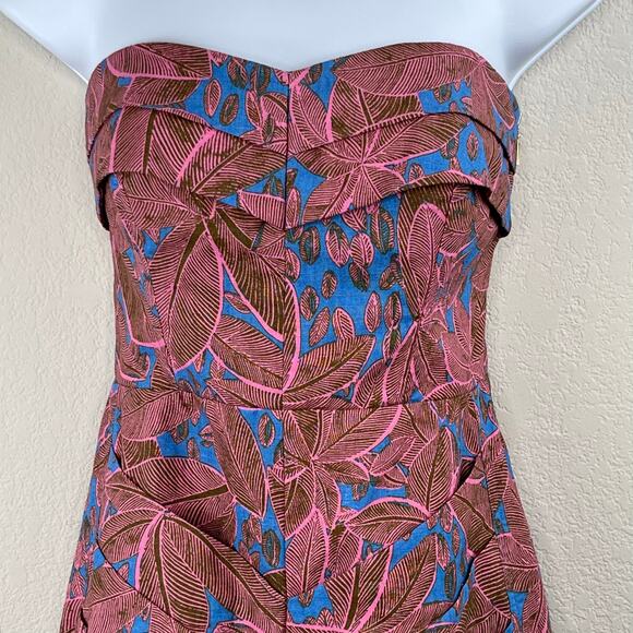 Rachel Roy Pink Green Tropical Linen Blend Pleated Strapless Mini Sheath Dress 0 - Picture 5 of 15